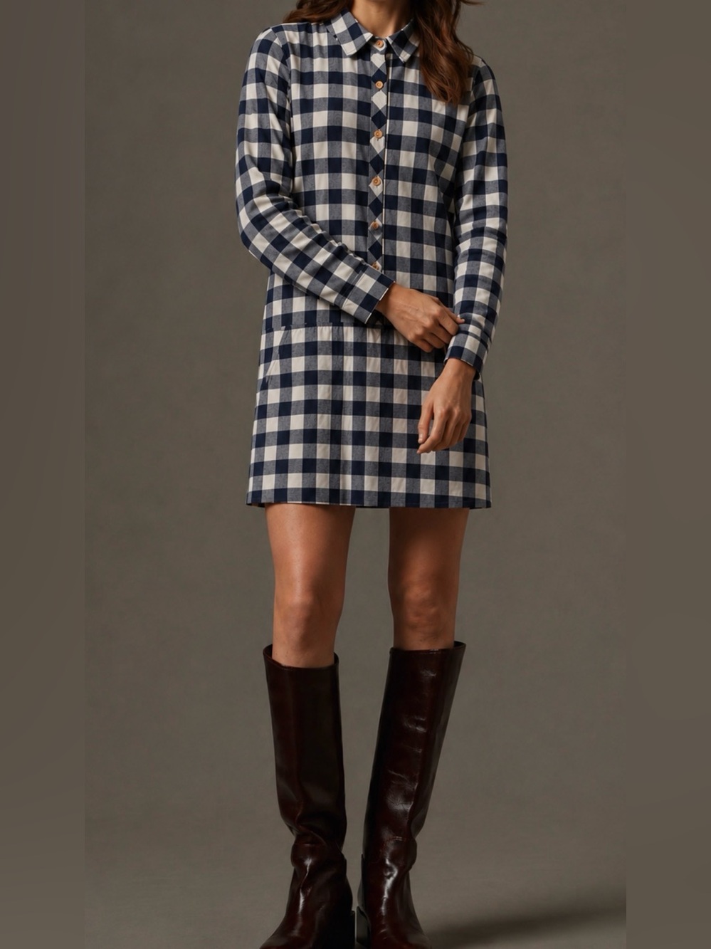 mittoshop Shirt Dress Navy White Buffalo Check Cotton Pockets Size L